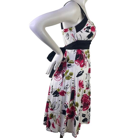 B Smart Womens White Floral Apron Midi Dress Rouched Top Pink Green Blk Bow S 10 - Picture 7 of 10